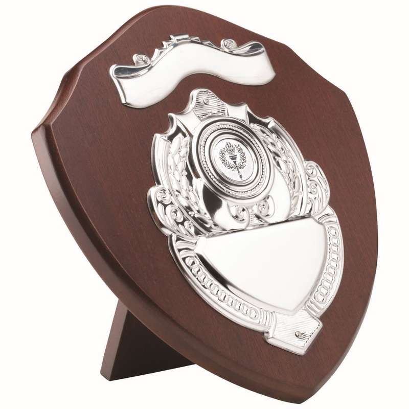 MAHOGANY SHIELD WITH CHROME FRONTS (1in CENTRE) – 9in