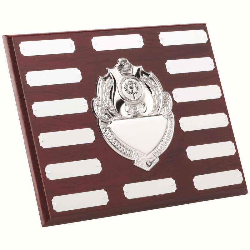 ROSEWOOD PLAQUE WITH CHROME FRONTS AND PLATES (1in CEN) 14 PLATES – 8 x 10in